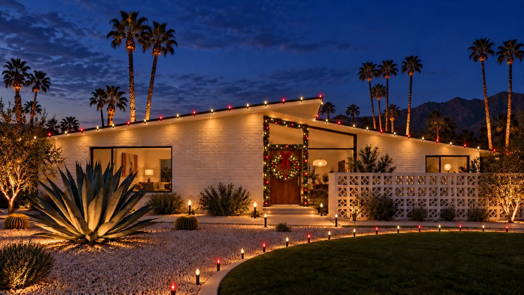 Example of the same home with red-and-white C9 roofline lights and pathway lights