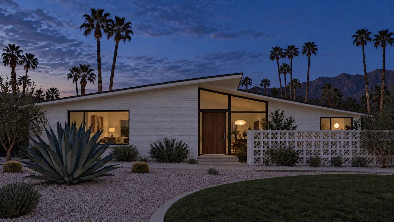 Example of a midcentury home at dusk with no holiday lights