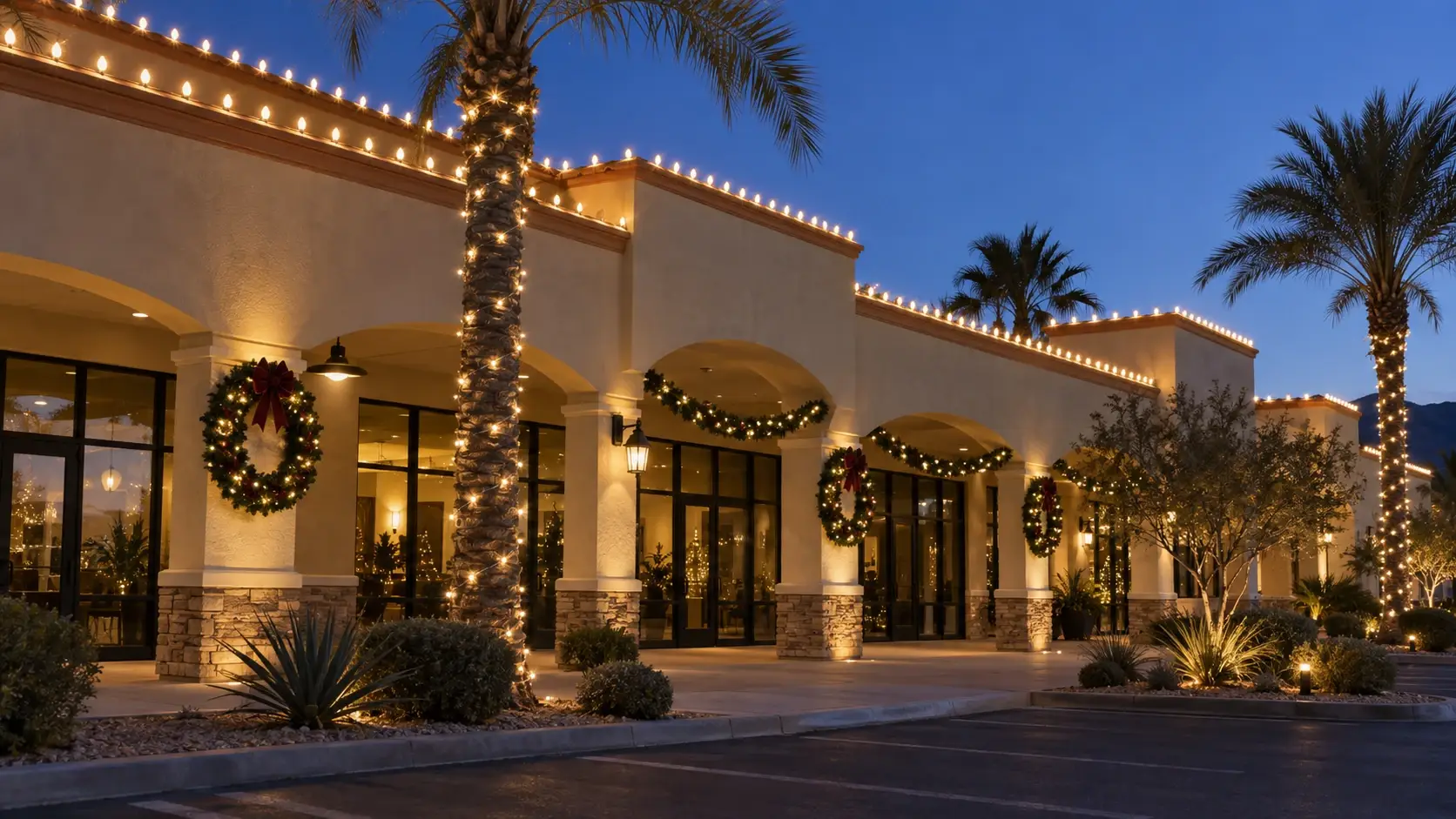 Example of the same storefronts with warm-white roofline lights, wreaths and a lit palm