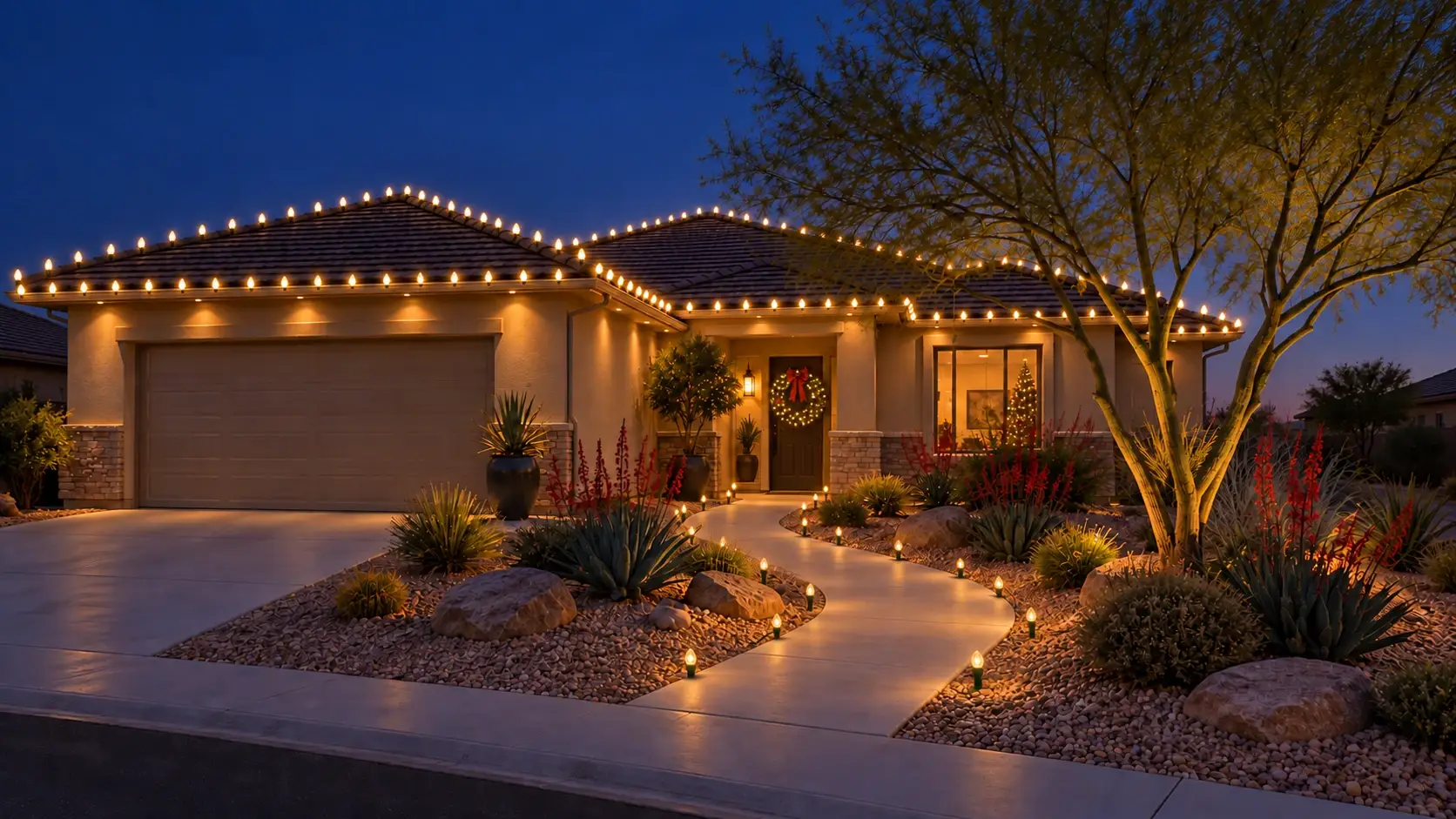 Example of the same desert ranch home with warm-white C9 bulbs along the roofline and matching pathway lights at dusk