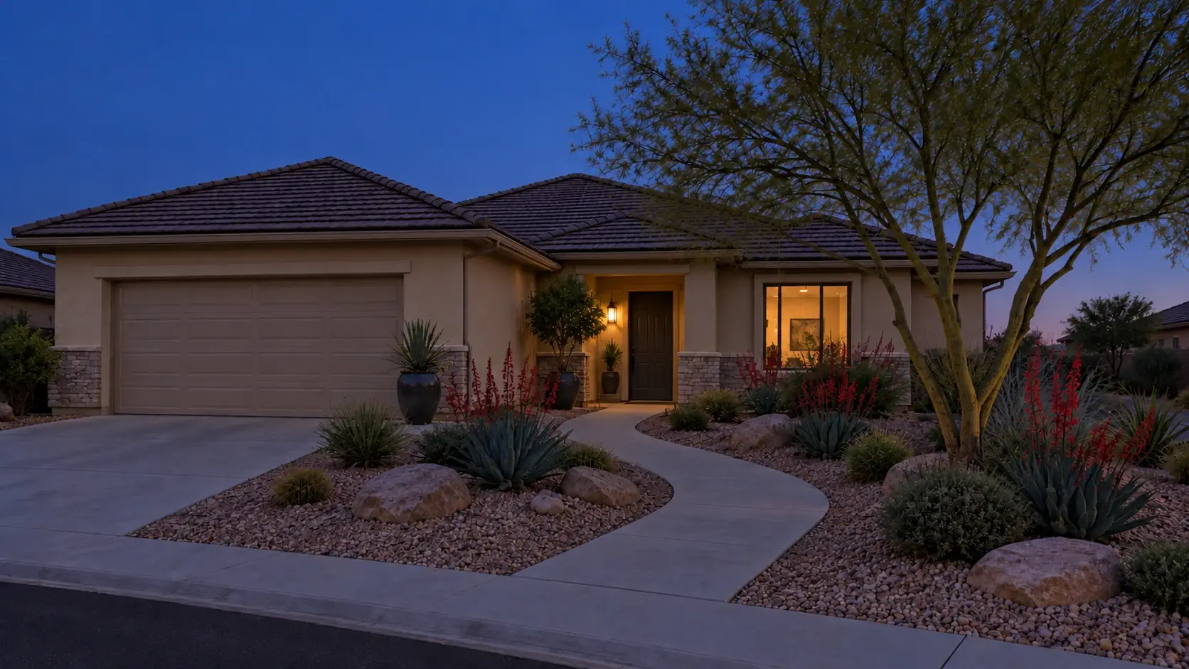 Example of a desert ranch home at dusk before Christmas lights, with only its porch lamps on