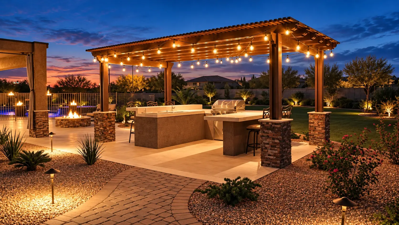 Example of the same backyard with bistro strings under the pergola and path lights