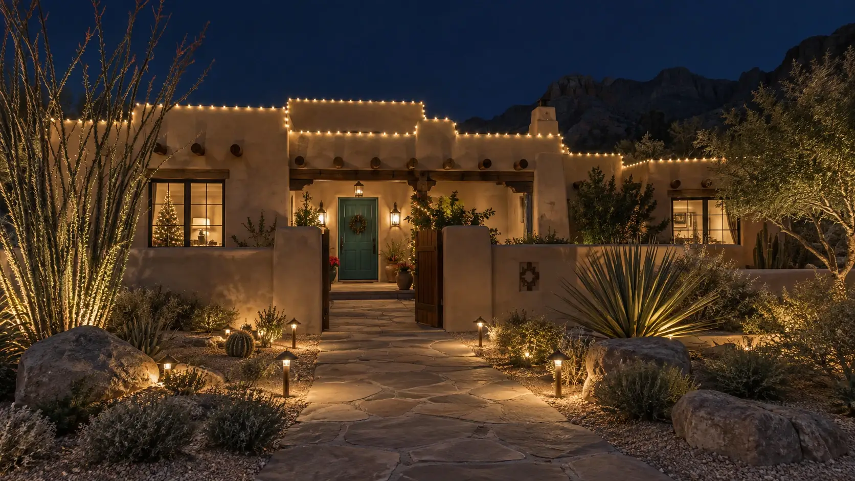 Adobe pueblo-style home with warm-white C9 lights along its stepped parapets, a lit stone path to a teal front door, and red cliffs behind at night