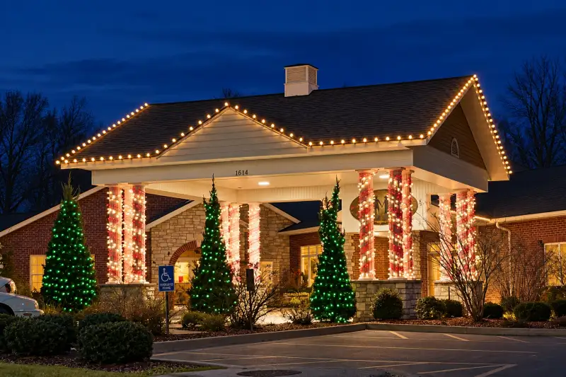 Commercial pavilion with warm-white roofline lights and lit trees and columns at night