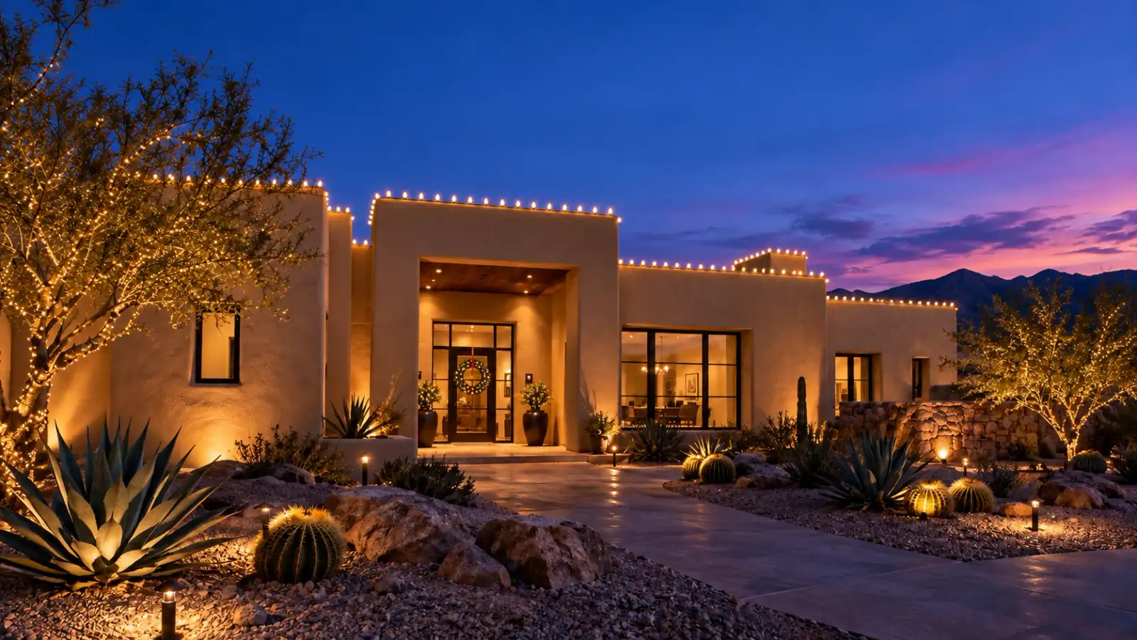 Desert adobe home with warm-white Christmas roofline lights and lit landscaping at dusk