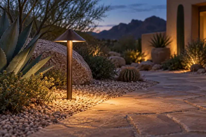Desert landscape path lit by low path lights among agave and rock