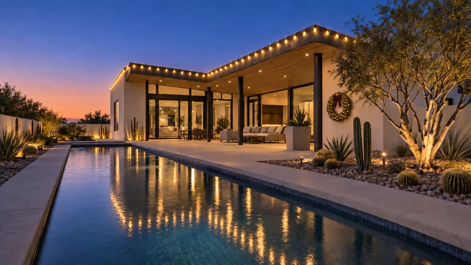 Desert home with warm-white Christmas roofline lights reflected in a long pool at dusk