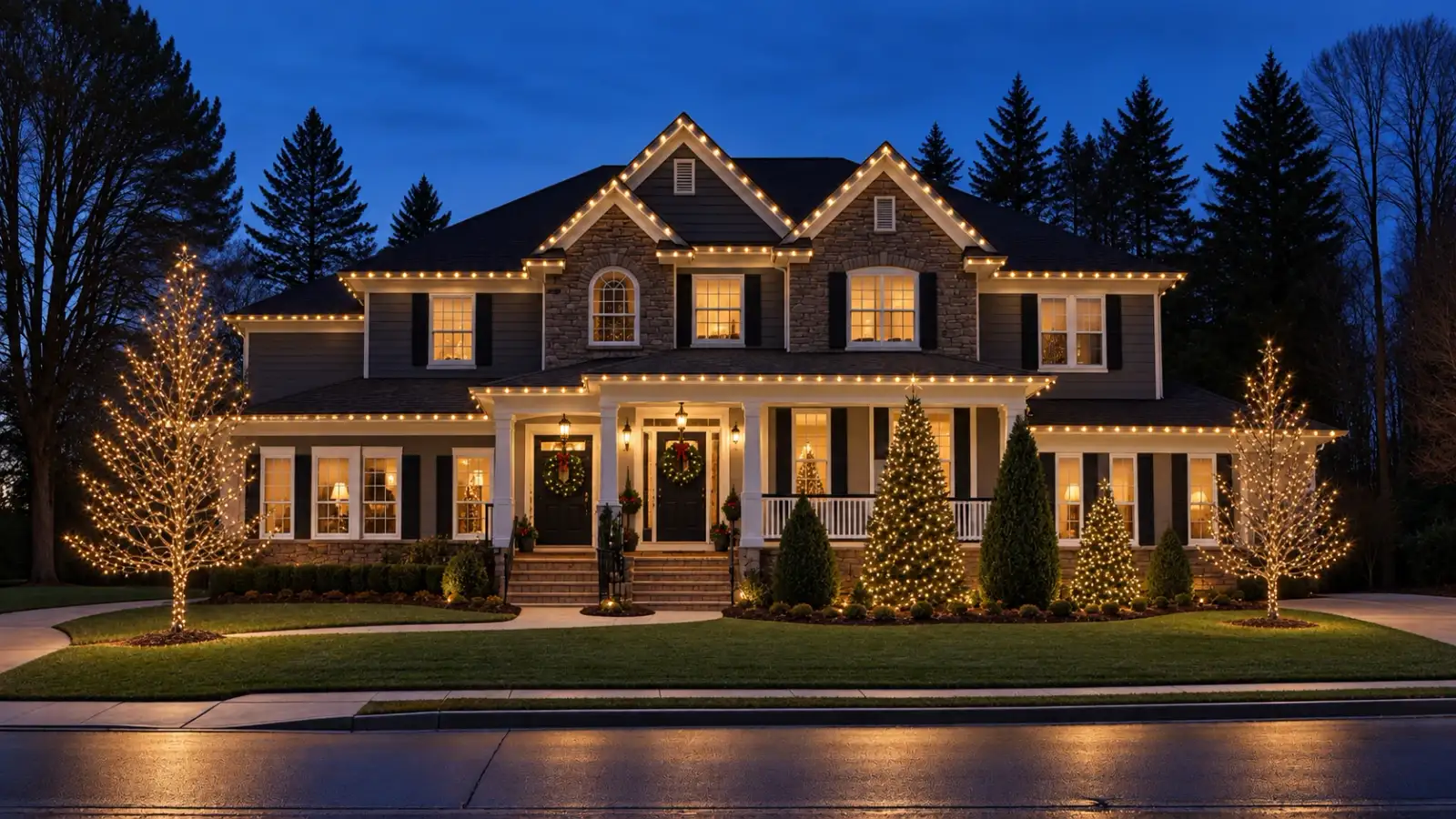 Large two-story home with warm-white Christmas lights along every roofline and lit trees at dusk