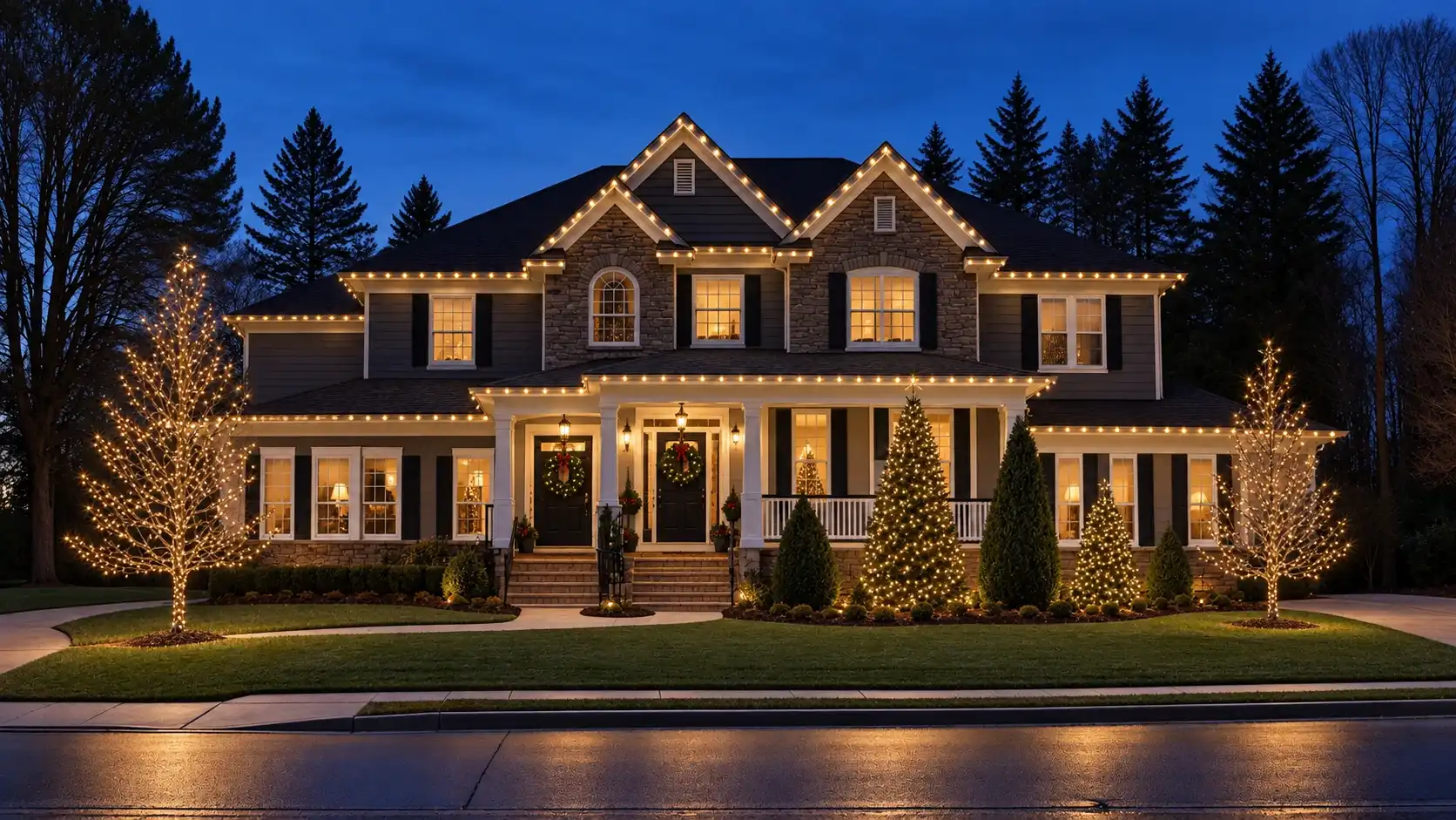 Large two-story home with warm-white Christmas lights along every roofline and lit trees at dusk