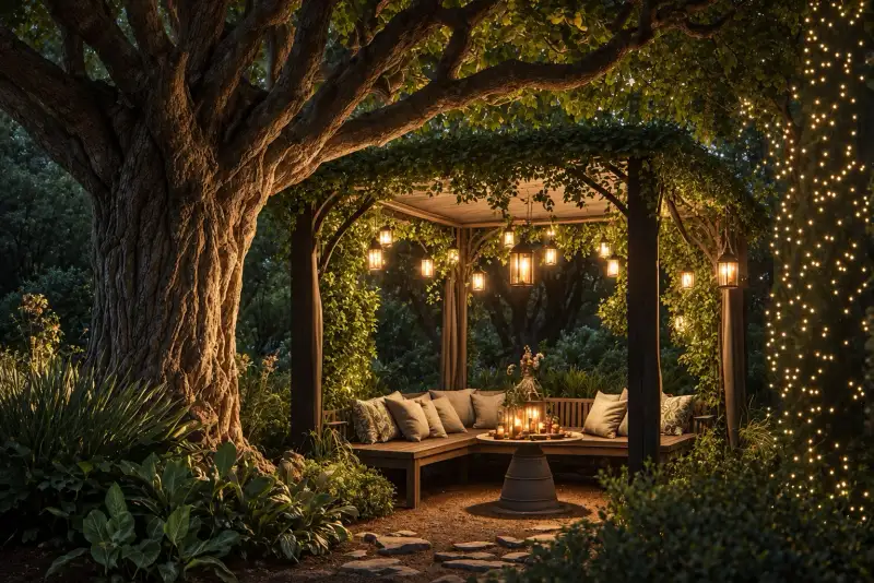 Garden seating area under a tree canopy strung with warm lights at night