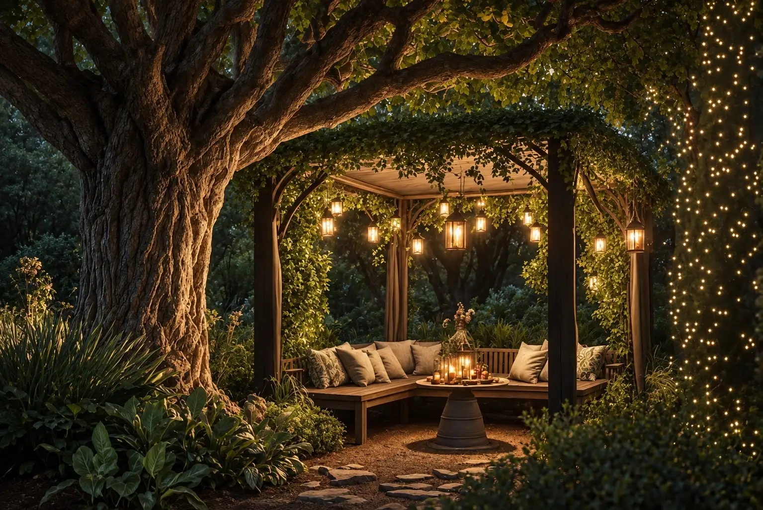 Garden seating area under a tree canopy strung with warm lights at night