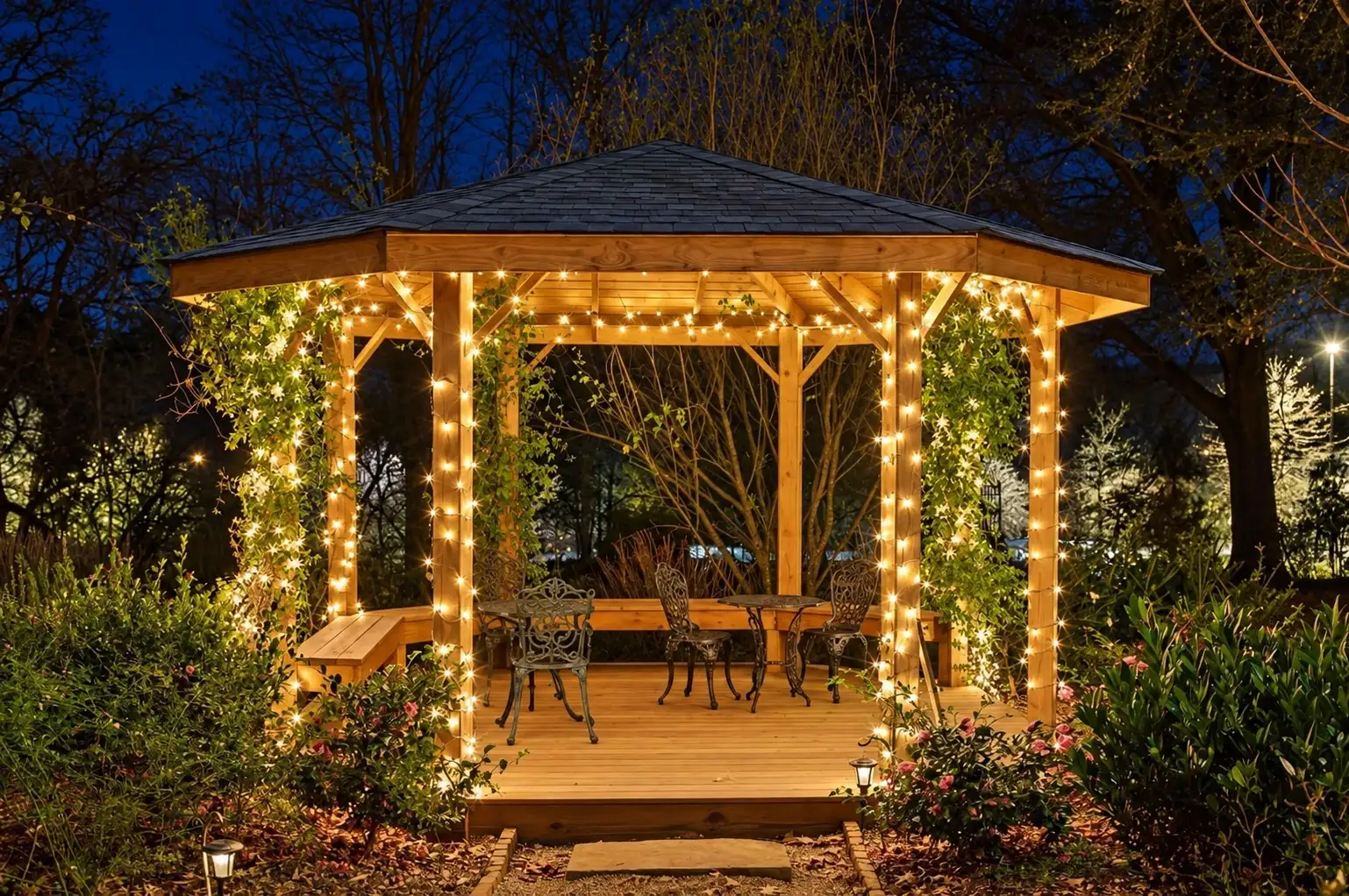 Garden gazebo wrapped in warm-white string lights at night
