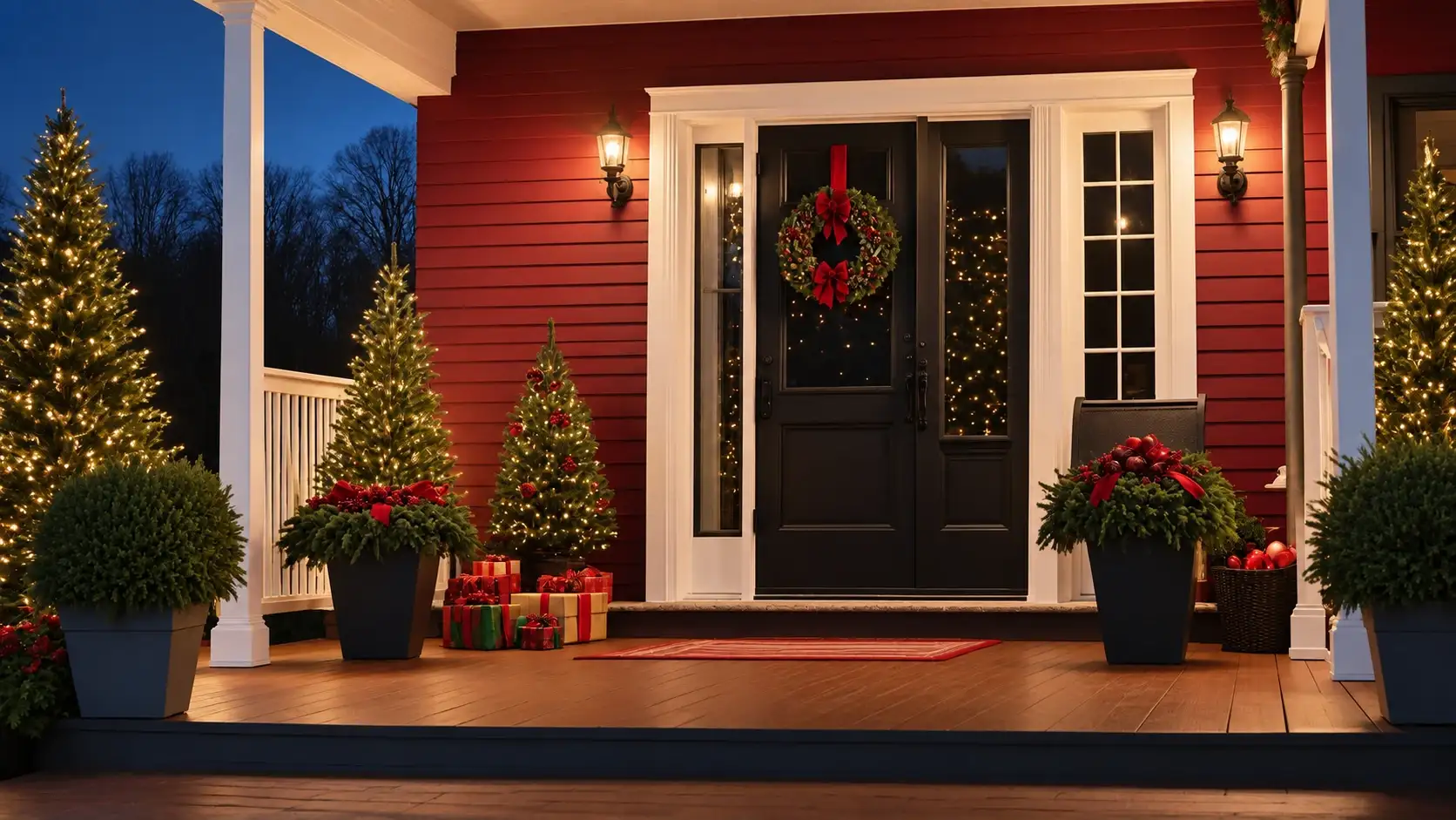Front porch with a lit wreath, garland and small Christmas trees beside the door at night