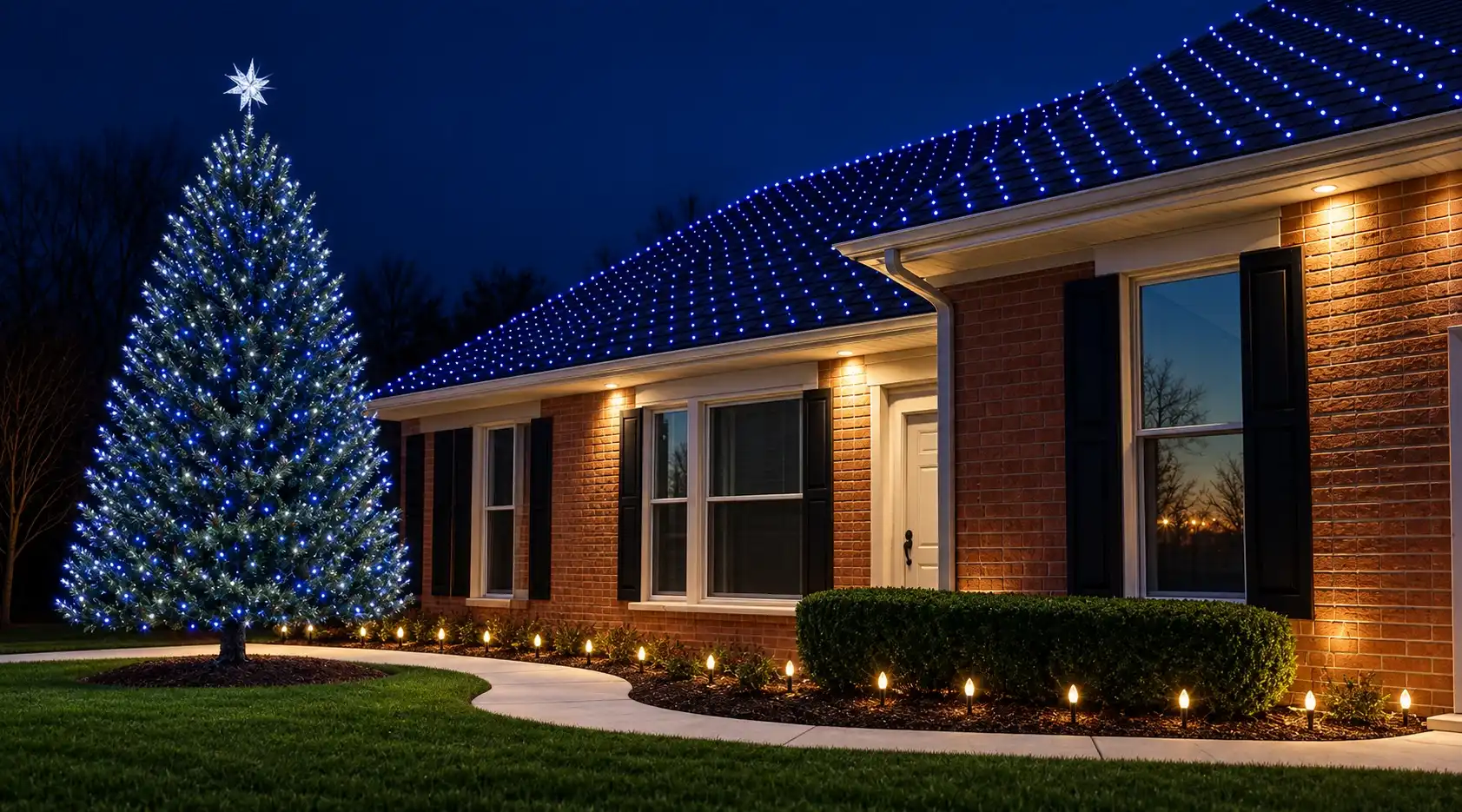 Home with a blue-lit roofline and a tall lit Christmas tree on the lawn at night