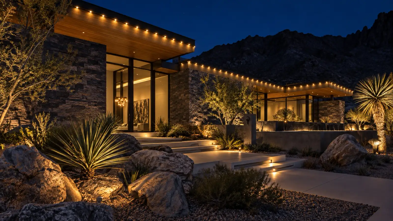 Modern stone desert home with permanent roofline lighting and lit landscaping at night