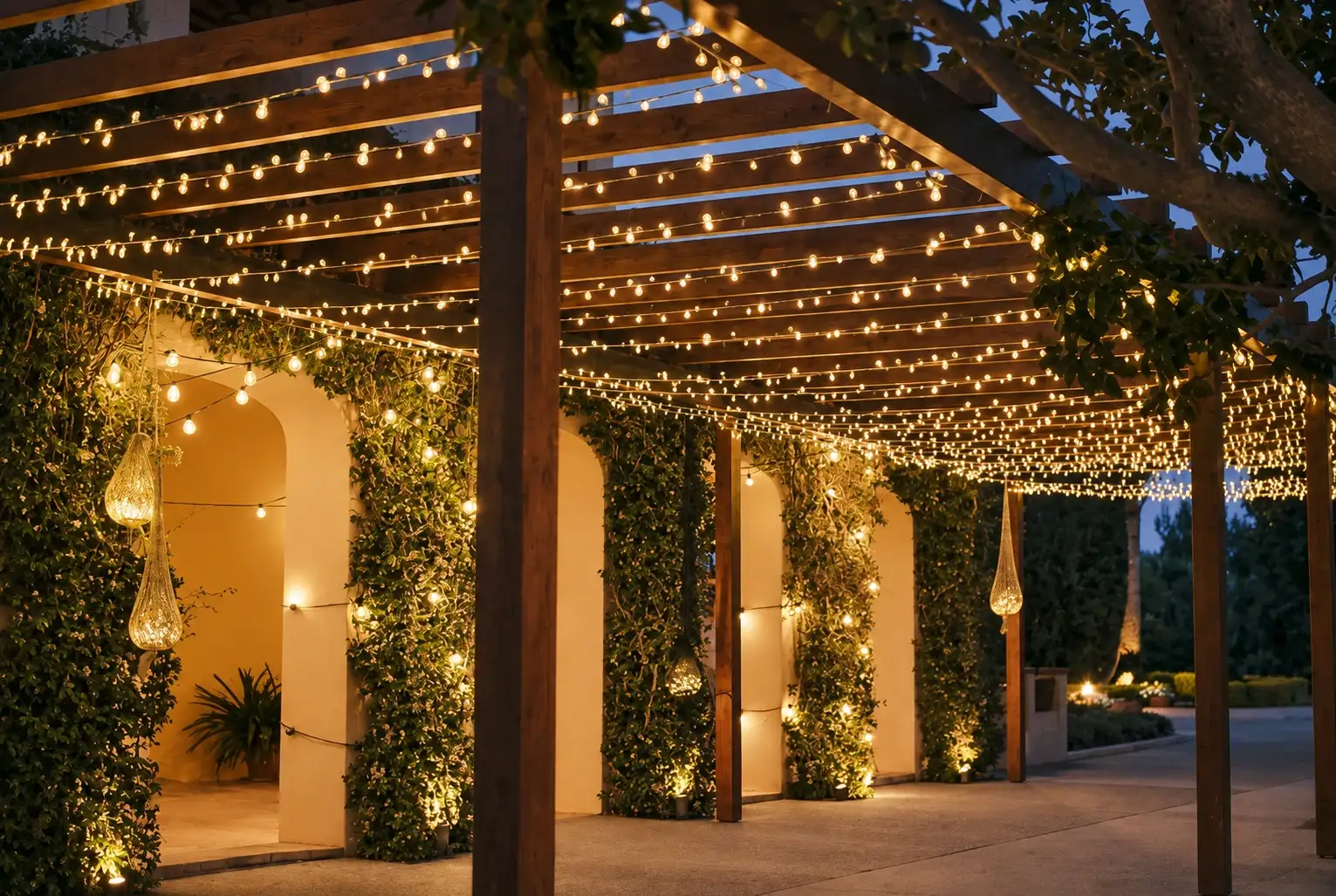 Pergola walkway strung with warm bistro lights for an evening event