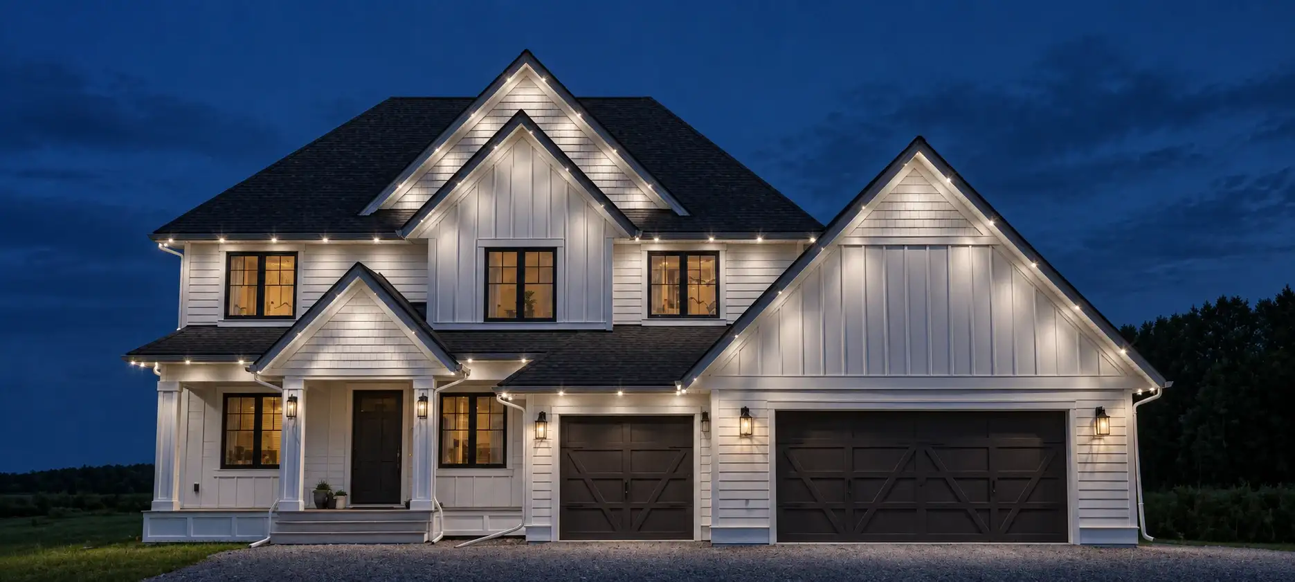 White farmhouse with cool-white permanent roofline lighting on every gable at night