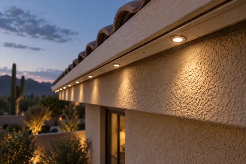 Close view of a permanent LED lighting track under a stucco eave