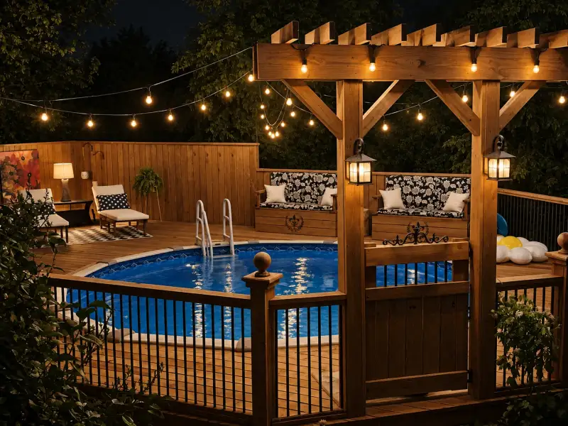 Backyard pool and pergola lit with warm string lights at night