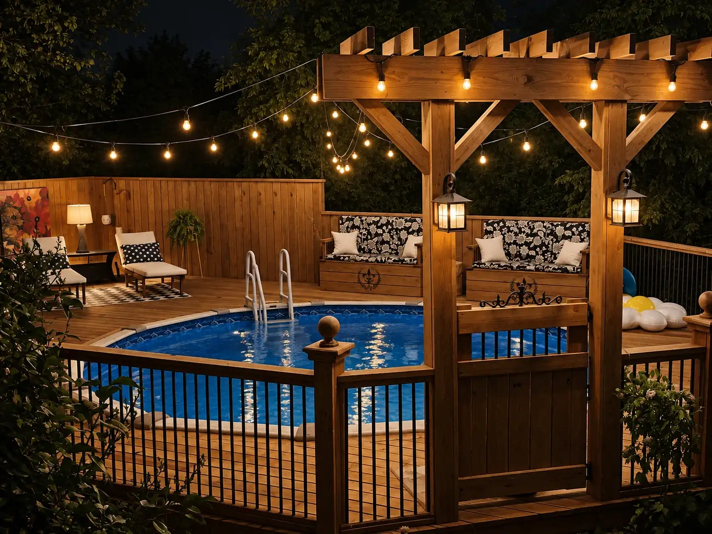 Backyard pool and pergola lit with warm string lights at night