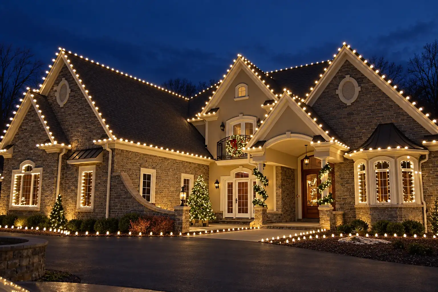 Stone and siding home outlined in warm-white C9 Christmas lights at night