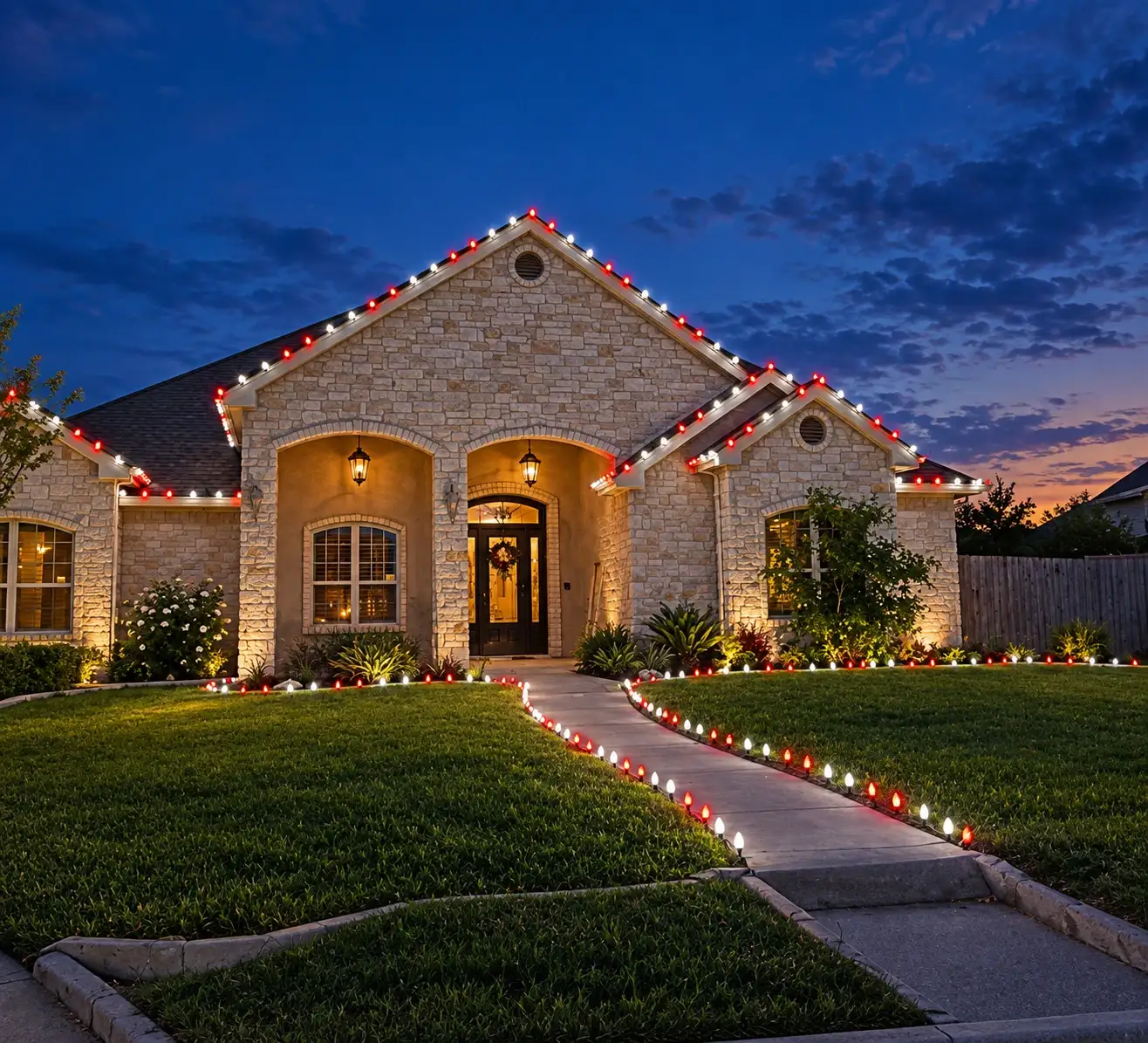 Stone home with red-and-white roofline lights and a lit walkway at dusk