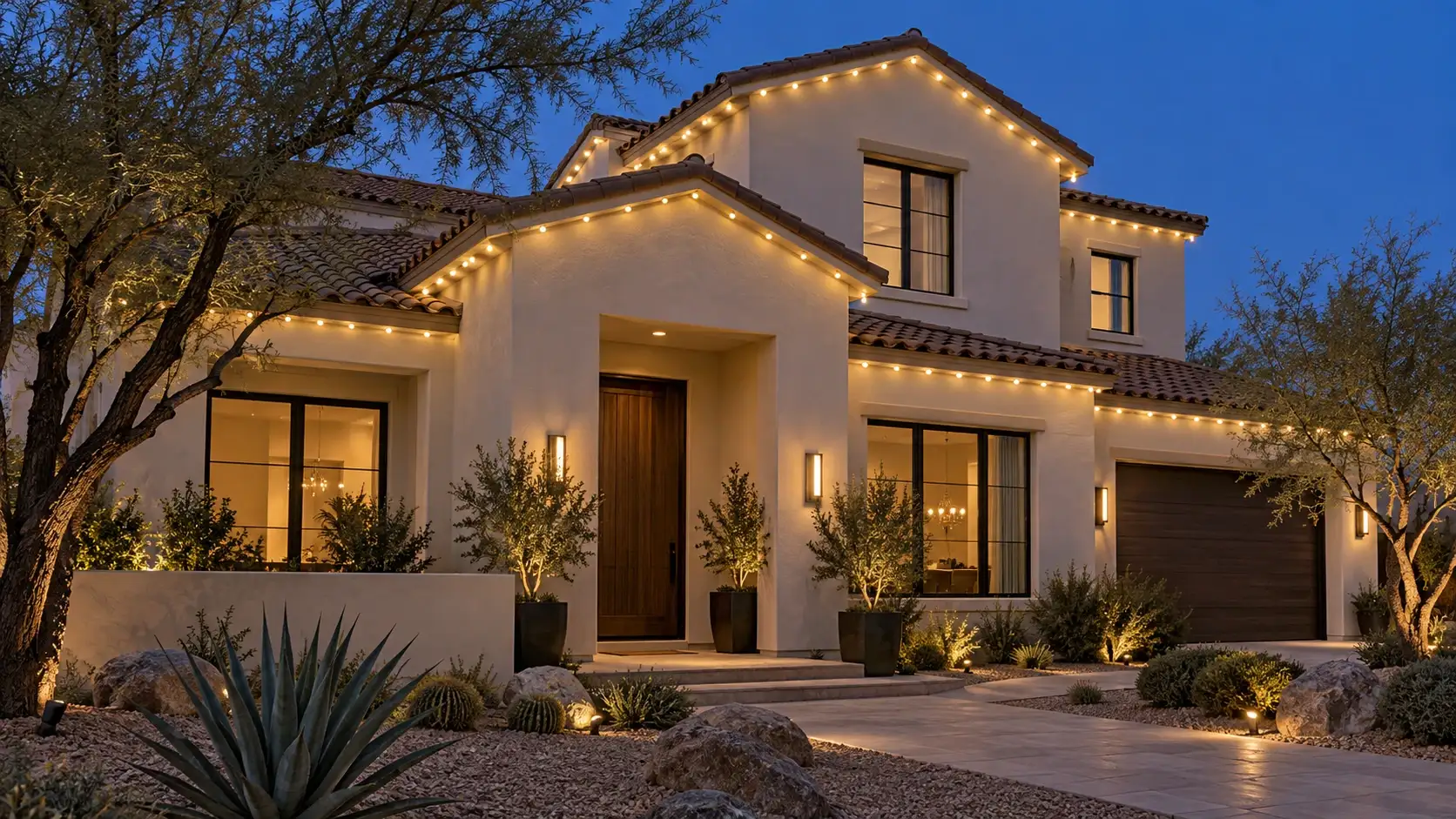Southwest two-story home with warm-white permanent roofline lighting at dusk