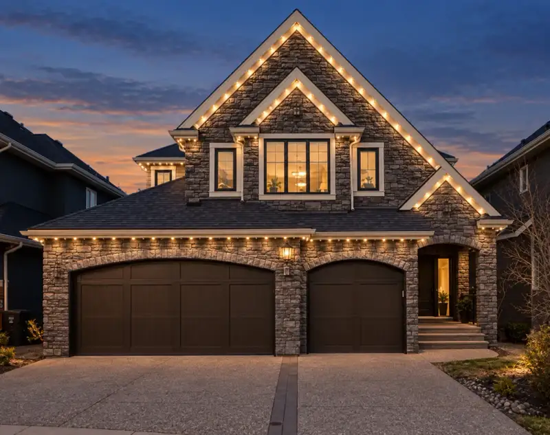 Stone-gable home with warm-white permanent roofline lighting at dusk