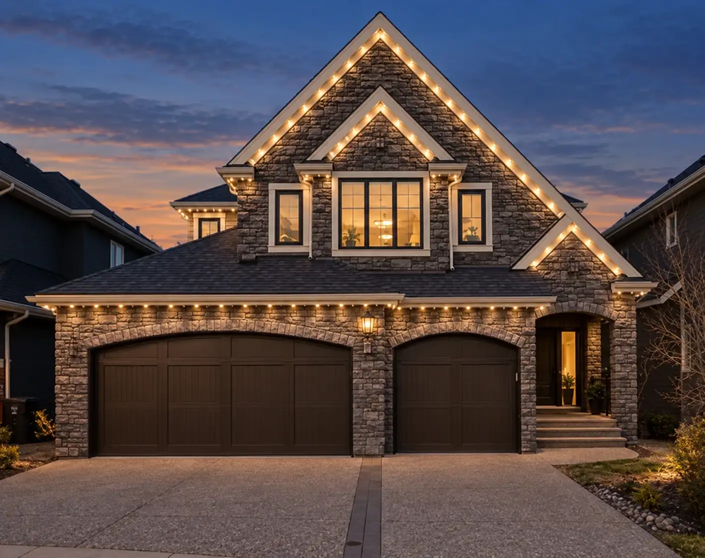 Stone-gable home with warm-white permanent roofline lighting at dusk