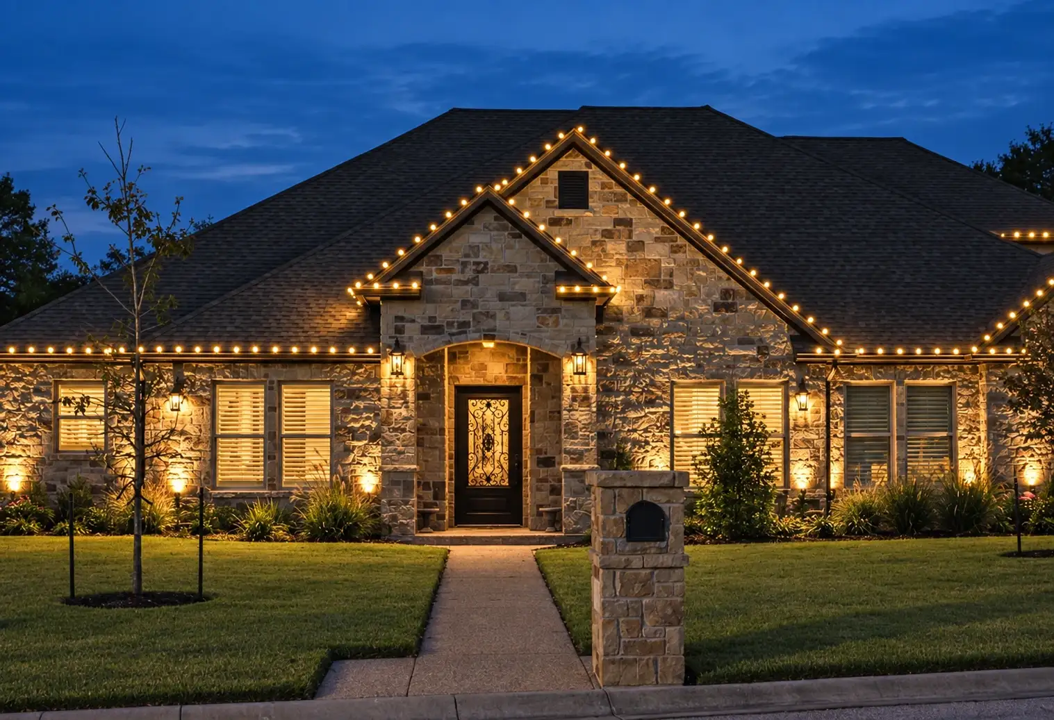 Stone home with warm-white Christmas lights along the roofline and lit shrubs at dusk