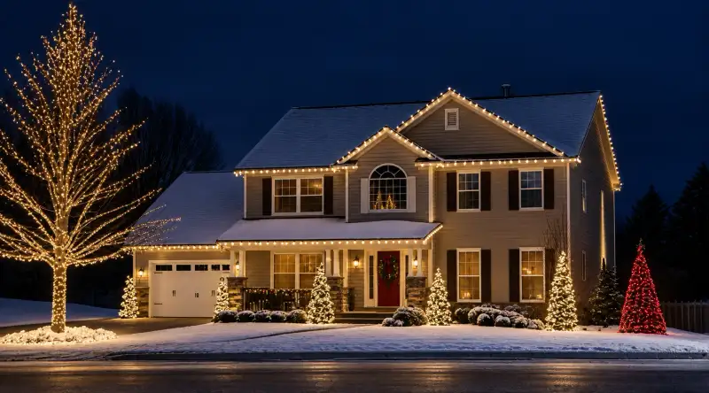 Two-story home with warm-white roofline lights, a lit tree and snow on the ground at dusk