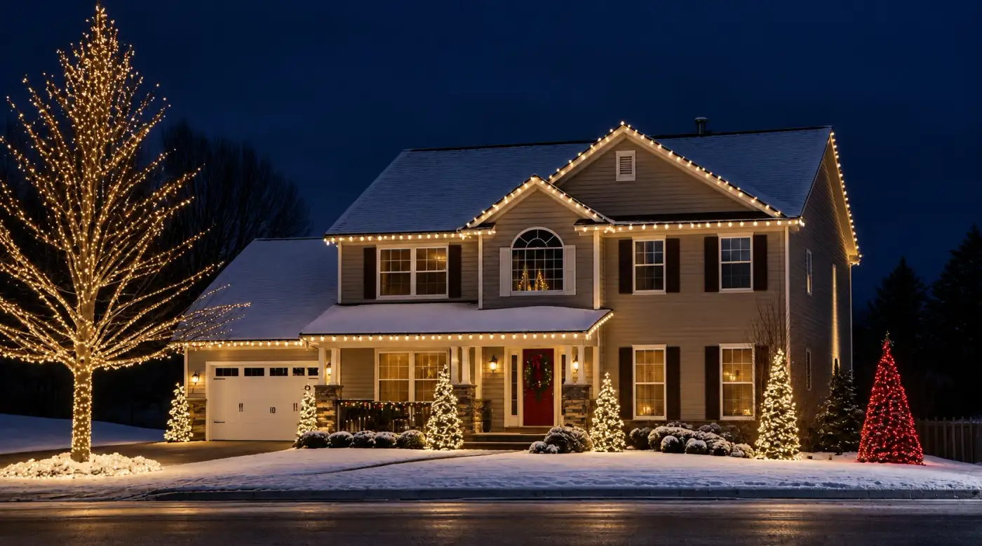 Two-story home with warm-white roofline lights, a lit tree and snow on the ground at dusk