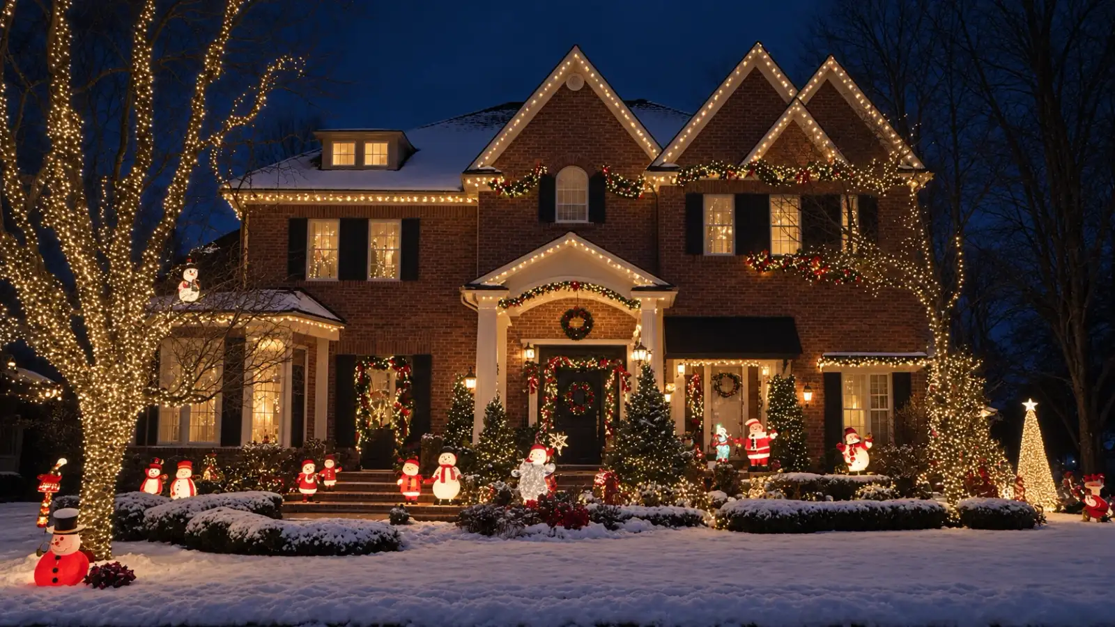 Brick home with warm-white roofline lights, lit trees and snow on the lawn at night