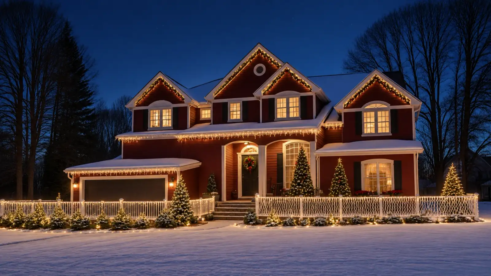 Two-story red house outlined in warm-white holiday lights with snow on the lawn